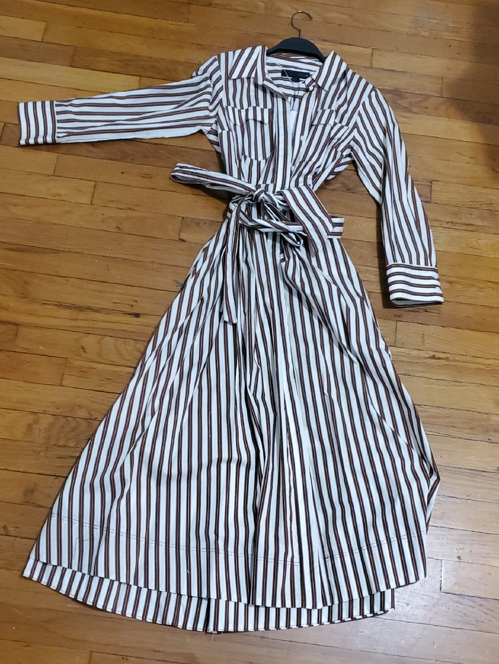 Striped Long Sleeve Shirt Dress in White and Brown